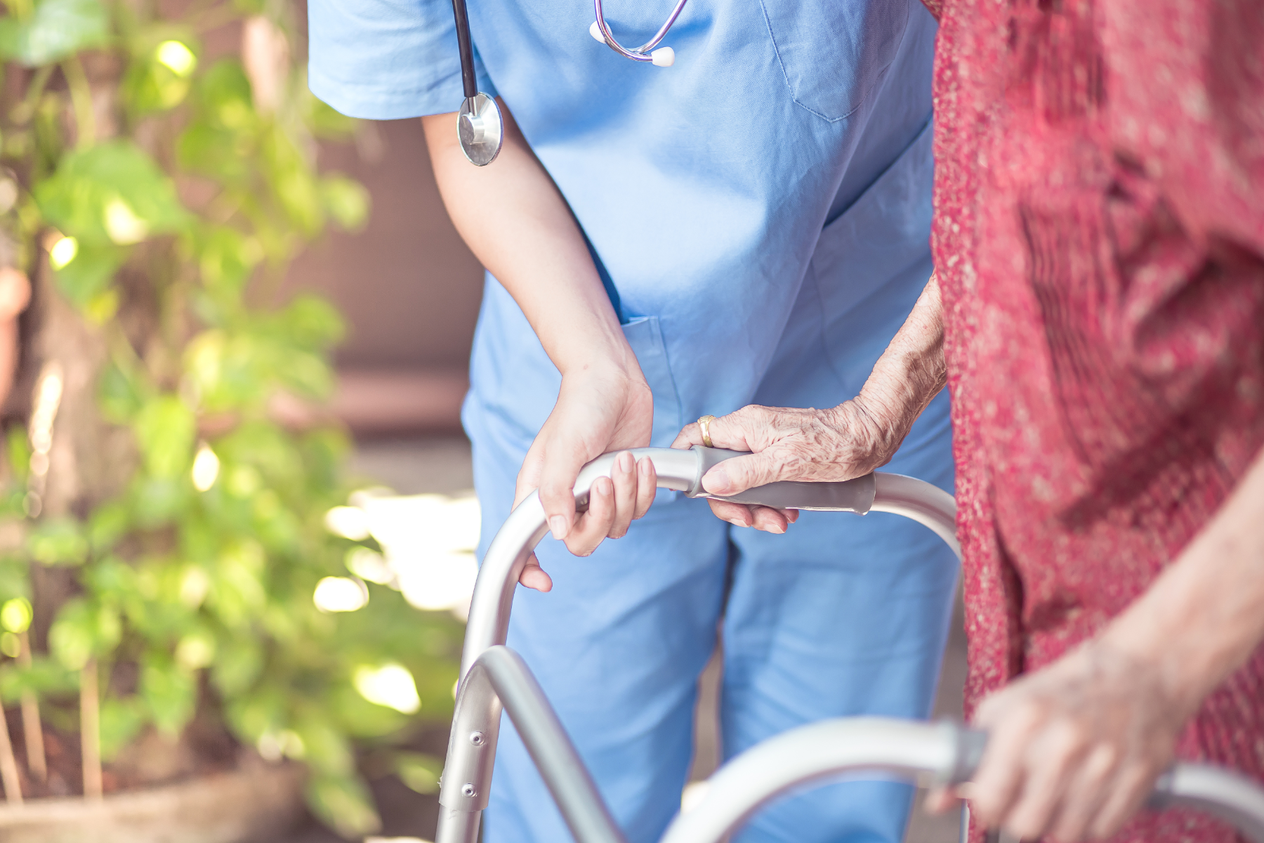 nurse-helping-patient-walk-outside_216085115